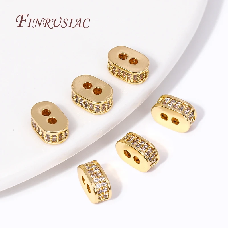 18K Gold Plated Brass With Zircon 2 Hole Oval Spacer Beads For Jewelry Making Supplies DIY Bracelets Necklaces Accessories