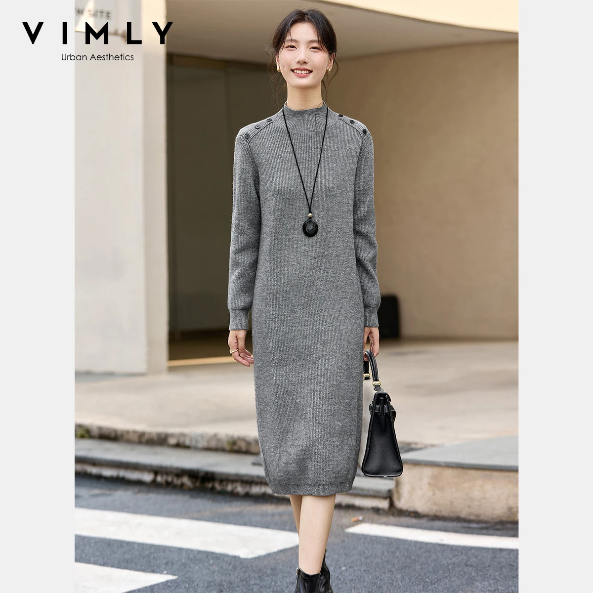 

VIMLY Maxi Gray Dress Woman Casual Knitted Half High Collar Female Dress Elegant Straight Cut 2025 Winter Ladies Dresses 75212
