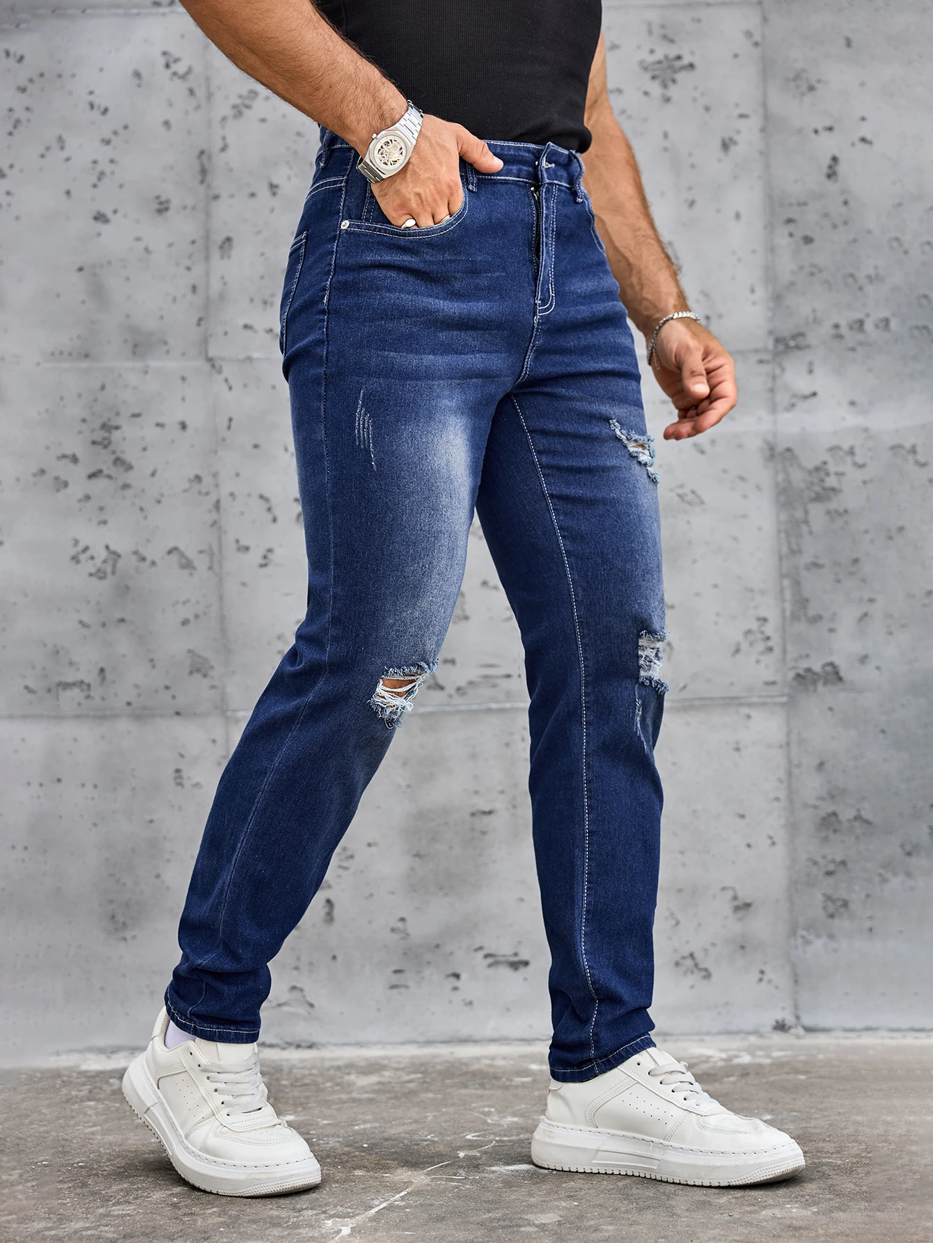 

Мужские джинсы темно-синие стрейч с рваными элементами, зауженный крой, эластичная ткань, высокая рентабельность, бесплатная доставка