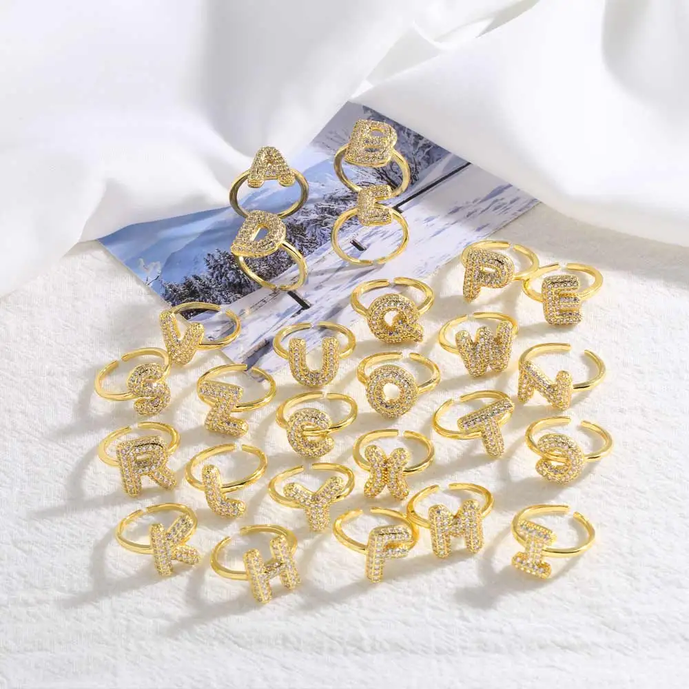 OCESRIO Trendy White Crystal 26 Letters Rings for Women Copper Gold Plated Initial Name Alphabet Open Ring Jewelry Gift rigj23