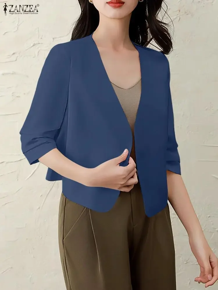 

2025 ZANZEA Elegant Women OL Coats 3/4 Sleeve Pleated Jackets Autumn Casual Solid Outercoats Fashion V-Neck Office Lady Cardigan