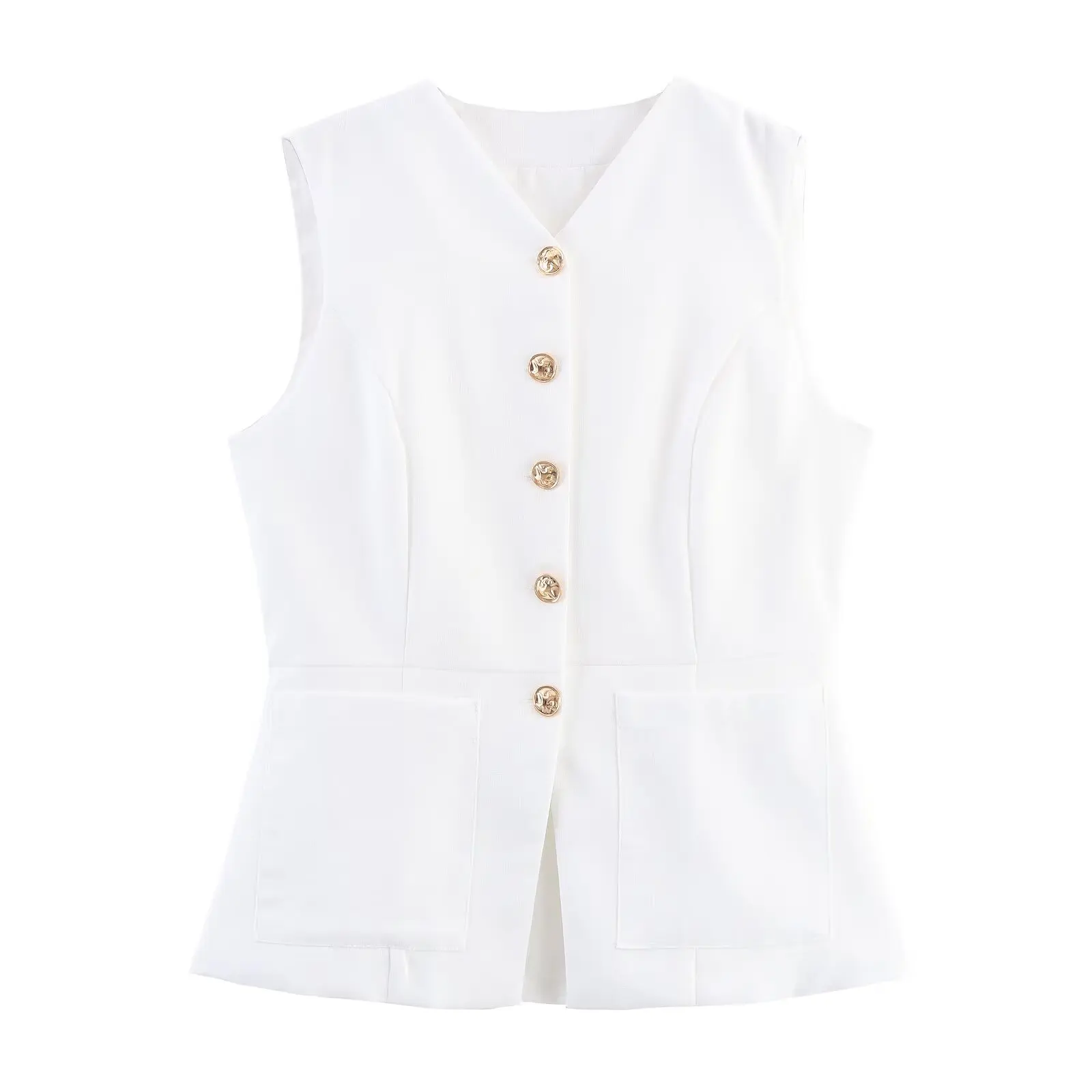 

Topenomi простой белый костюм, жилет для женщин, осень 2023, новинка осени, куртки без рукавов с v-образным вырезом и металлическими пуговицами, пальто, модный жилет с карманами, топы