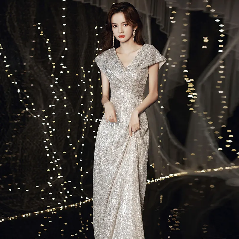 

Ele Sequin V-Ne Evening Gown Performance Host Dr Luxury Lightn Ball Dr Zipper Sle Midi Skirt Long Sve