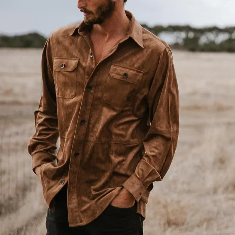 

LIBIELIY Новые повседневные мужские рубашки на осень и зиму, модные однотонные однобортные кардиганы в американском стиле ретро с лацканами S-