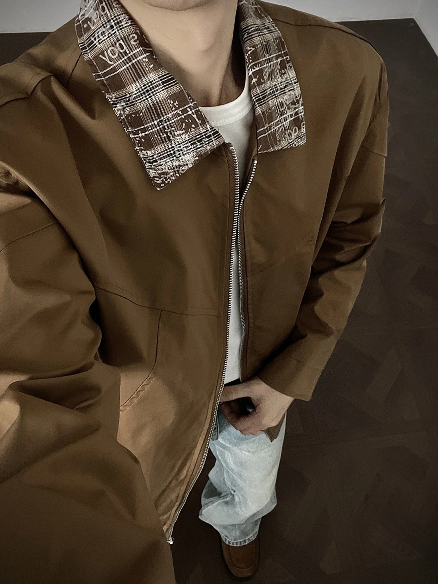 

American Sle Loose Fit Men's Flight Jaet Autumn Trendy Plaid Patchwork Collar Baseball Coat Casual Outerwear Top