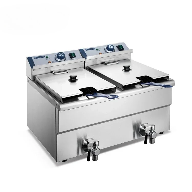 

Коммерческая электрическая фритюрница с двумя баками на 24 л и клапаном для слива масла