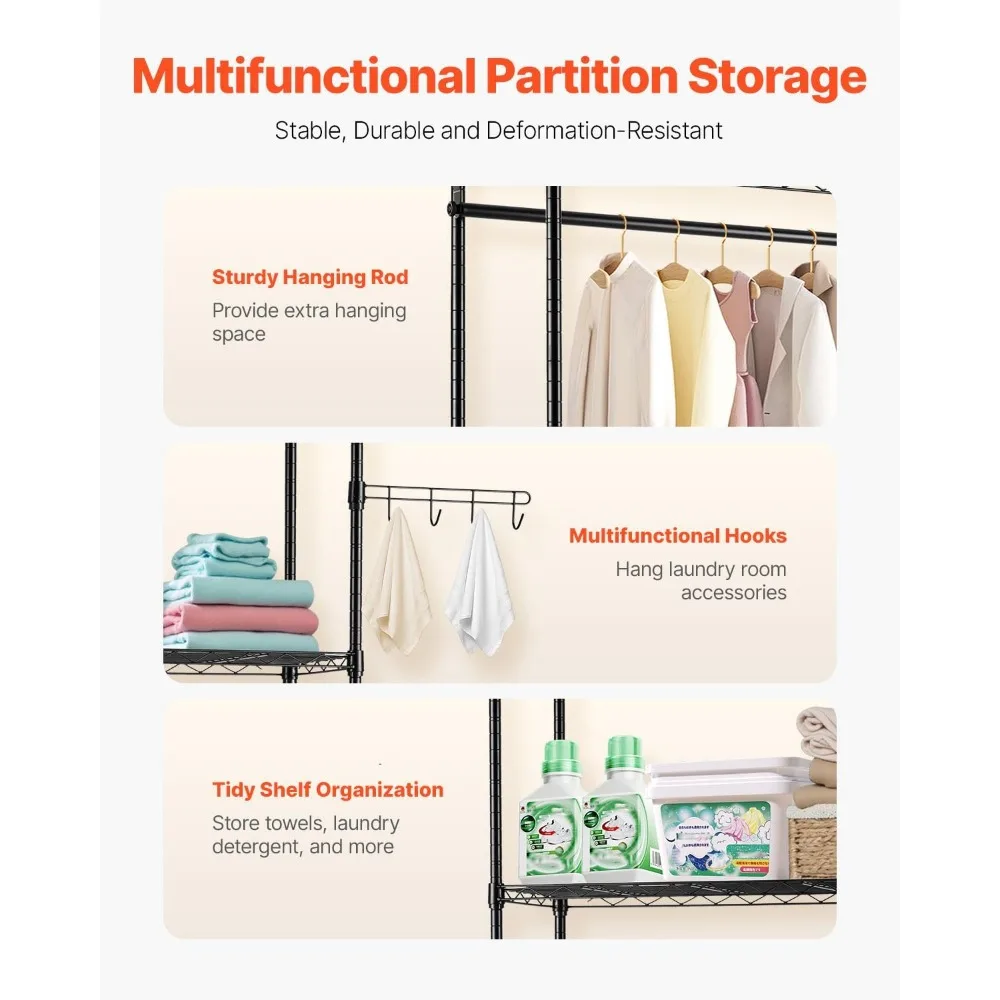 VEVOR Étagère de rangement pour lave-linge et sèche-linge, support de séchage pour buanderie à 6 niveaux avec tige de suspension et crochets, réglable sur lave-linge