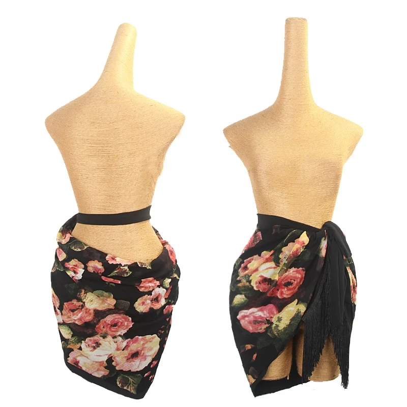 Double Side Wear Latin Dance Skirt Floral Print Hip Scarf Women Sexy Cha Cha Rumba Dance Practice Clothes Fringe Skirt DNV21450