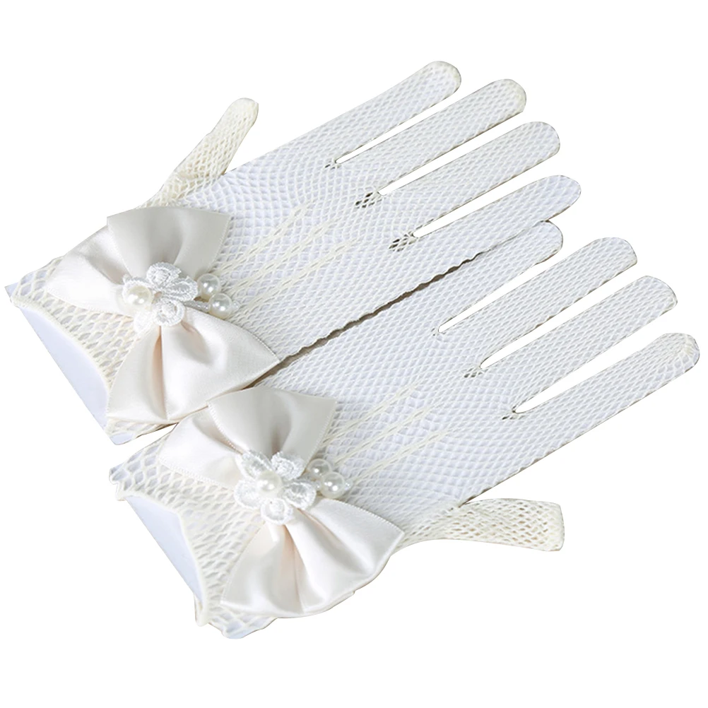 

Princess Dress Gloves Short Wrist Bow Tie White Lace Girls Flower Elegant Fashion Comfortable Stretchy Material Performance