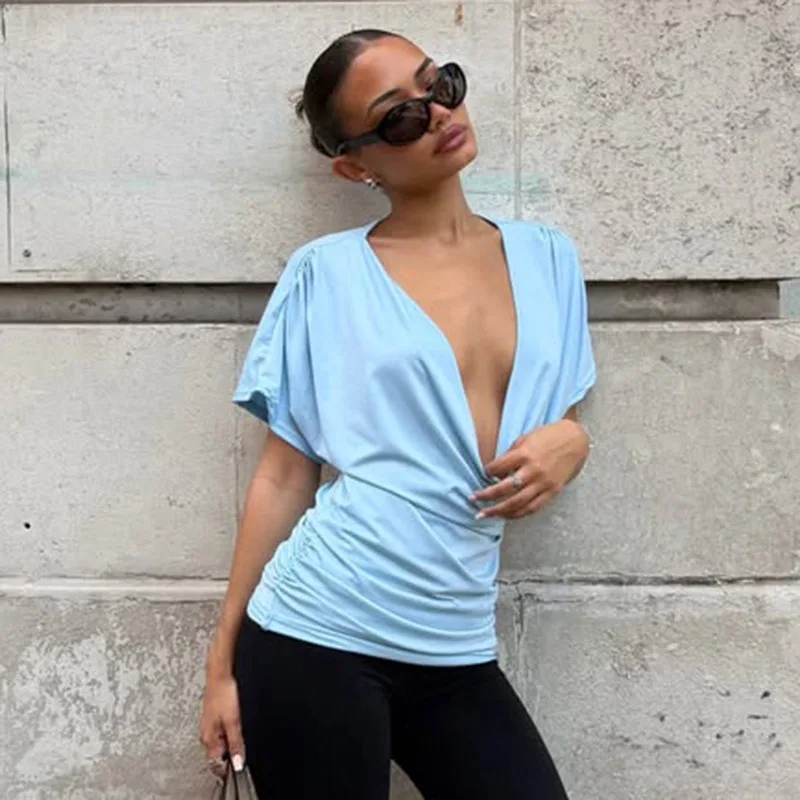 

Tuularose Summer Women's T-Shirt Sexy V-Neck Pleated Patchwork Short Sleeve Tops New Commuting Streetwear Casual Women's Tops