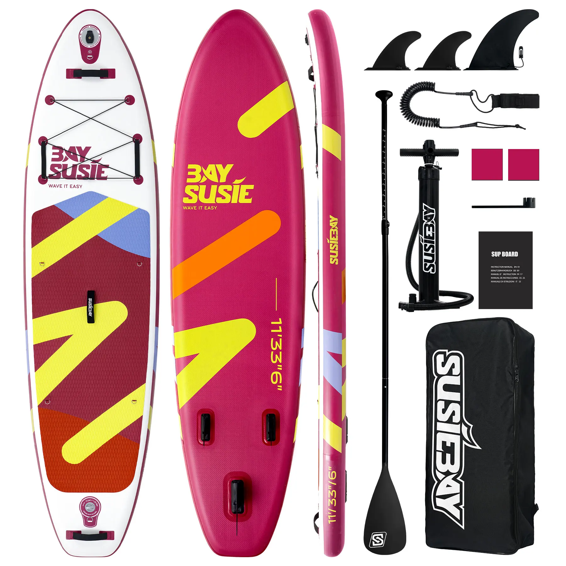 BAY SUSIE 335x84x15cm Opblaasbaar Stand Up Paddle Board Roze Geometrisch Zomer ISUP Premium Compleet Avonturenpakket Volwassenen Allround Touring SUP Boards Antislip Watersport Reistas Hogedrukpomp
