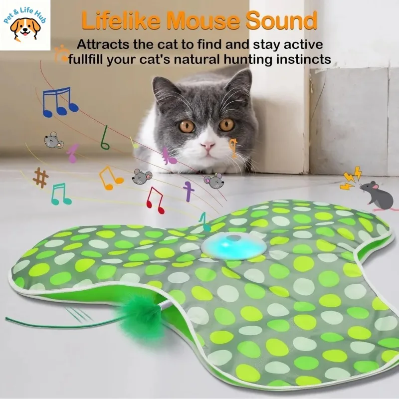 充電式インタラクティブ猫用おもちゃ、動く隠れた羽根、本物のネズミの鳴き声、タッチ起動式子猫用運動遊びおもちゃ