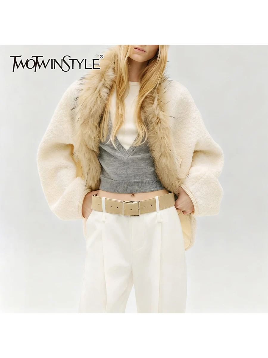 

TWOTWINSTYLE Elegant Loose Spliced Fur Casual Coats for Women V Neck Long Sleeves Temperament Coat Female Autumn Clothing New