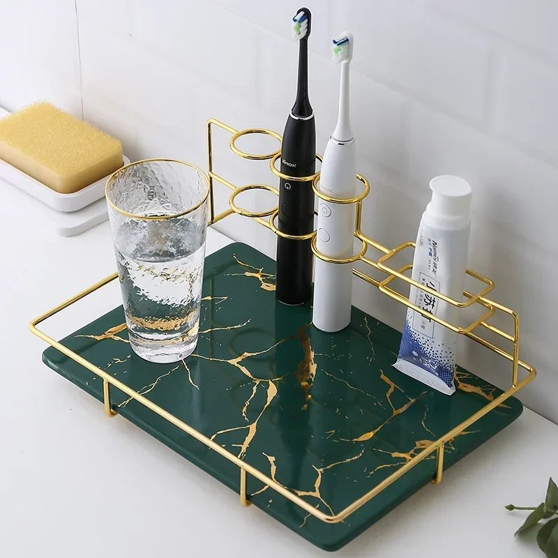 Marbling Rectangular Metal Rack Bathroom Electric Toothbrush Holder Bathroom Shelf Desktop Cosmetic Storage Organizer Home Tray