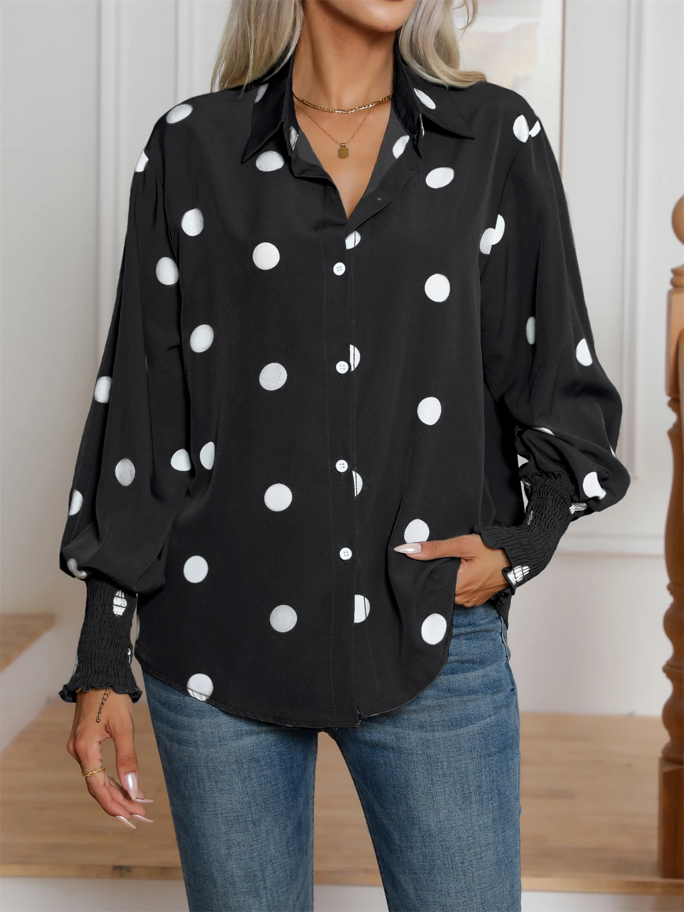 Casual Lapel Button Down Balloon Polka Dot Print  Lantern Sleeve Shirt, Women\'s Clothing