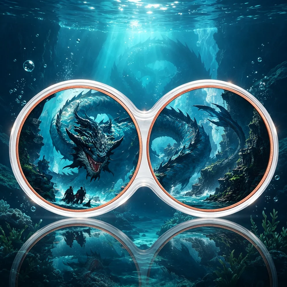2pcs 1 oz .999 Fine Connected Twin Seamless Round Copper Coin Giant Ancient Sea Dragon Pure Copper Challenge Coin Gifts