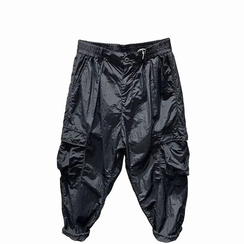 Calça com comprimento do tornozelo estilo americano masculina, elástico na cintura, bolsos com zíper, tendência, versátil, estilo fino solto, pés encadernados, verão