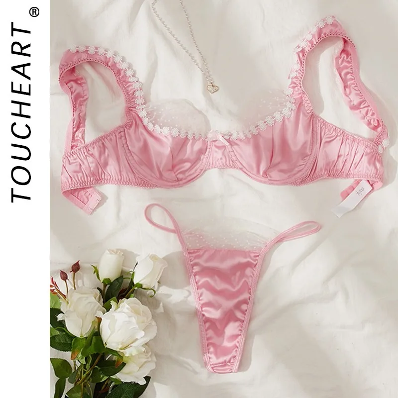 

Toucheart Erotic Lingerie Panty 2PCS Lace Floral Delicate Three Point Type Pure Desire Gather Together Sexy Women Hollow Bra Set