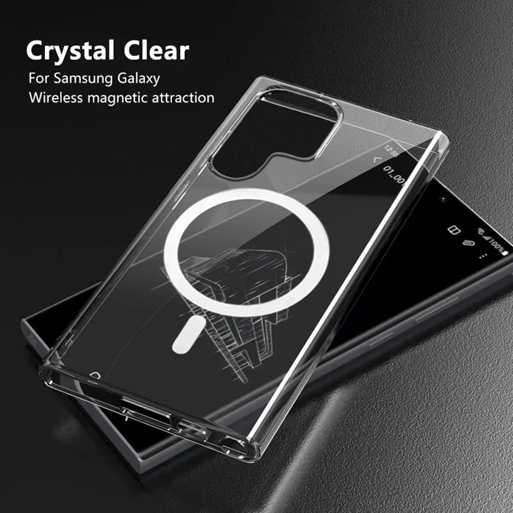 Luxury Magnetic Case For MagSafe Samsung Galaxy S23 S22 Fe S24 Ultra S21 Plus Z Flip Fold 3 4 5 6 Clear Cover Shockproof Acrylic