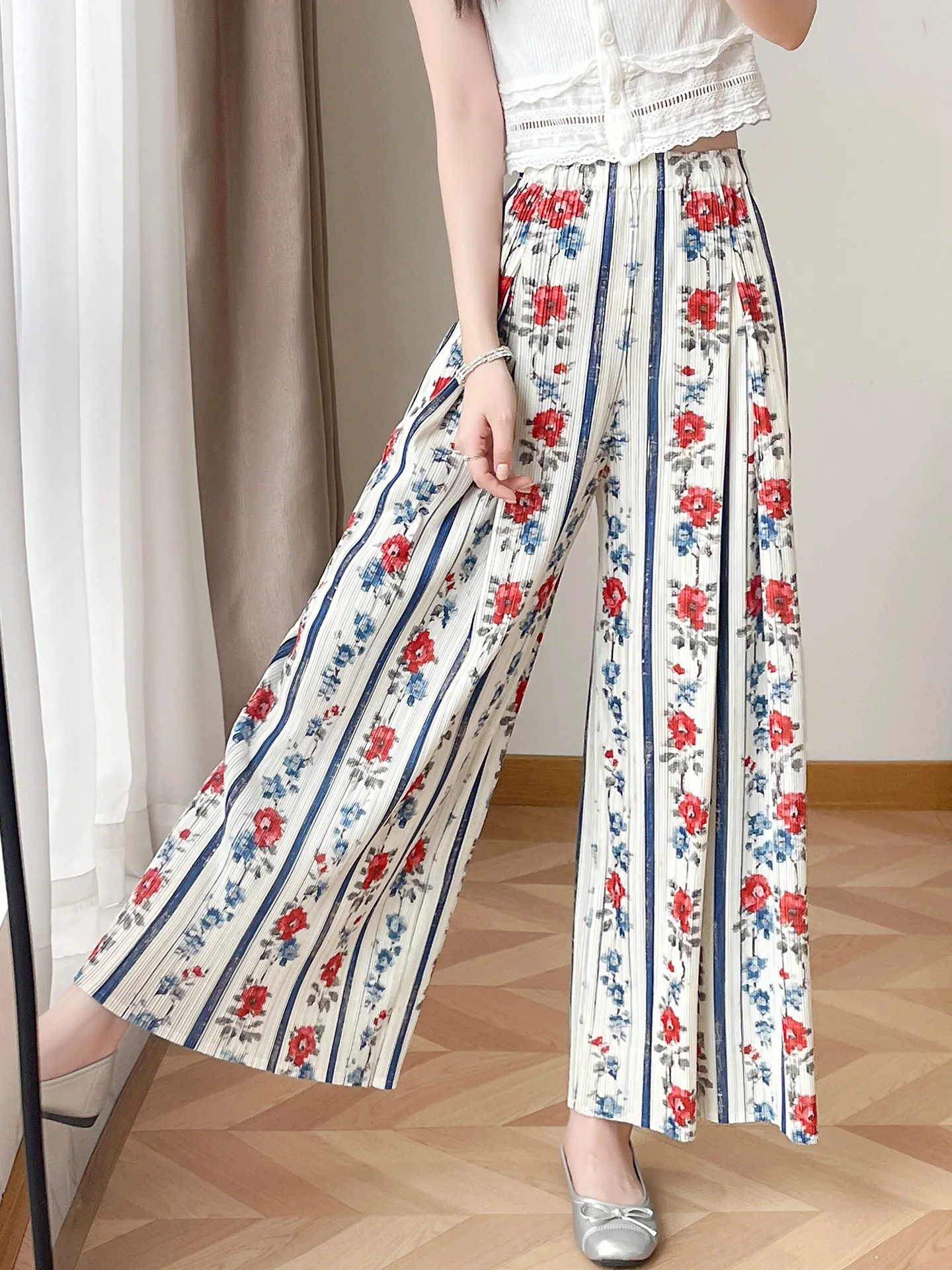 High Waist Draped Floral Wide Leg Pants Women Summer Casual Straight Leg Floor Length Trousers Elastic Polyester Fiber Skirt