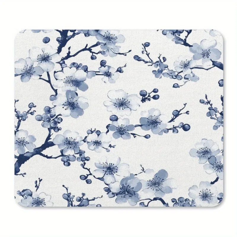 Navy blue cherry blossom mouse pad - non-slip small desktop pad, elegant flower design, gaming computer and keyboard