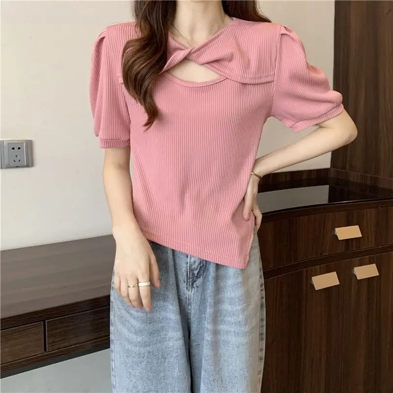 New Women's Clothing Y2K Hollow Irregular Chic Short Sleeve T-shirts Female Summer Trendy Casual Solid Slim Basic All Match Tops