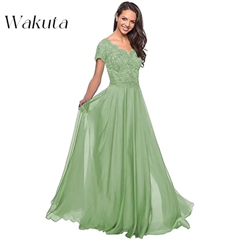 Wakuta-vestido de noche elegante con cuello en V para mujer, vestido de boda de manga corta con tirantes adelgazantes, estilo Presidente de banquete, Oriente Medio