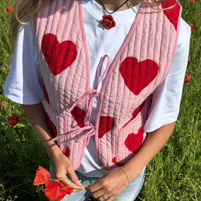 

Maemukilabe женский стеганый хлопковый жилет с галстуком-бабочкой и узором в виде сердца, зимний жилет с v-образным вырезом, куртка без рукавов на День святого Валентина