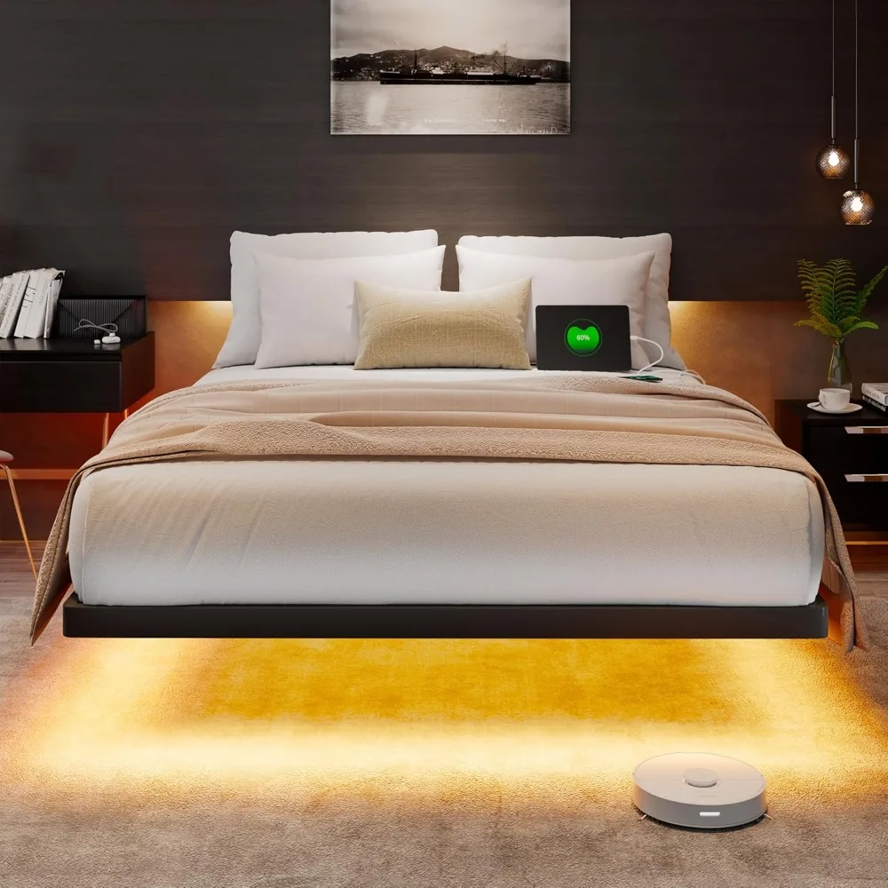 

Floating Bed Frame King Size with Smart LED Lights and Charging Station, Heavy Duty Metal Platform Beds, No Box Spring Needed, E