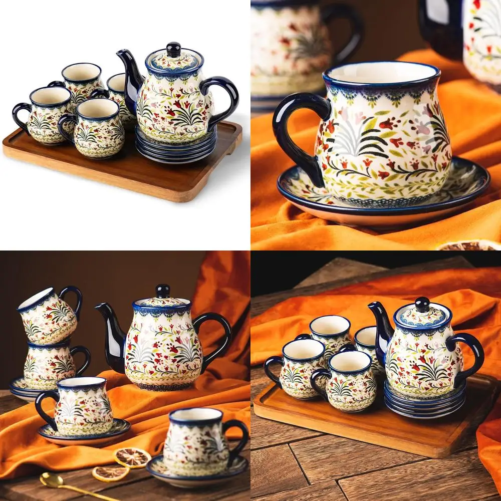 

10-Piece Polish Ceramic Tea Set: 4 Tulip-Style 7.2oz Cups, 28.2oz Pot, Wooden Tray