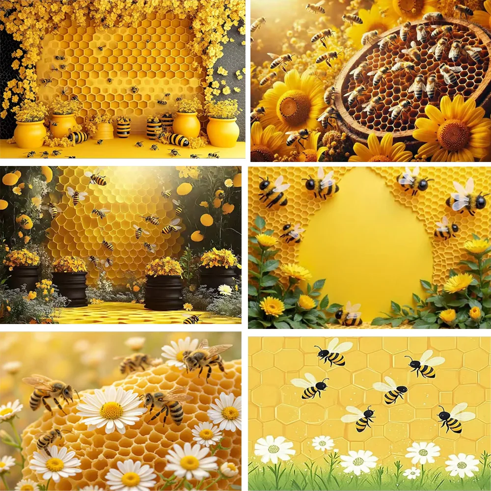 

Bee And Sunflower Themed Background Banner Flowers Yellow Honeycomb Honey Children's Party Decoration Supplies Photography Props