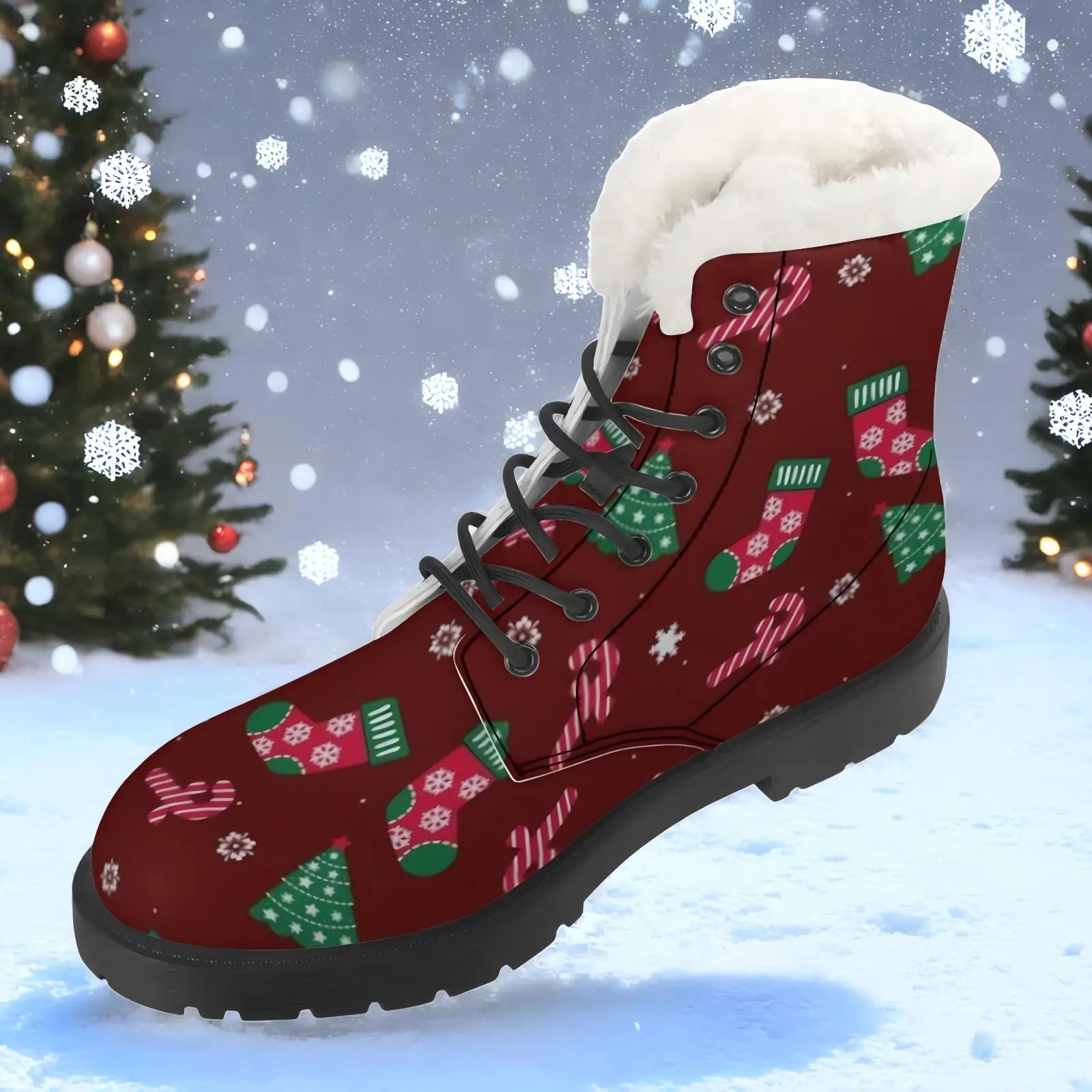 Christmas elements red printed plush boots casual boots mid-calf boots fashionable classic versatile autumn and winter boots