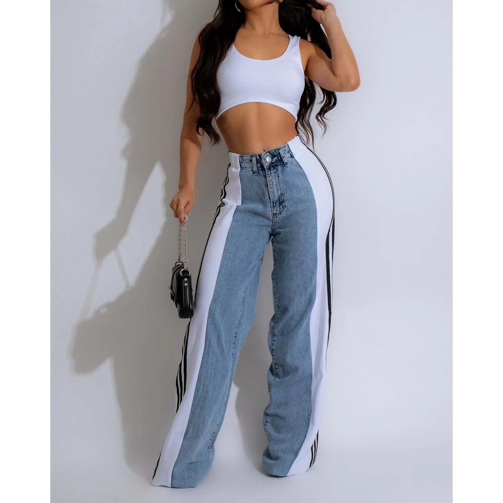 Women Striped Colorblock Wide Leg Pocket Design Jeans Female High Waist Washed Denim Vintage Pants Summer Lady Long Trouses y2k