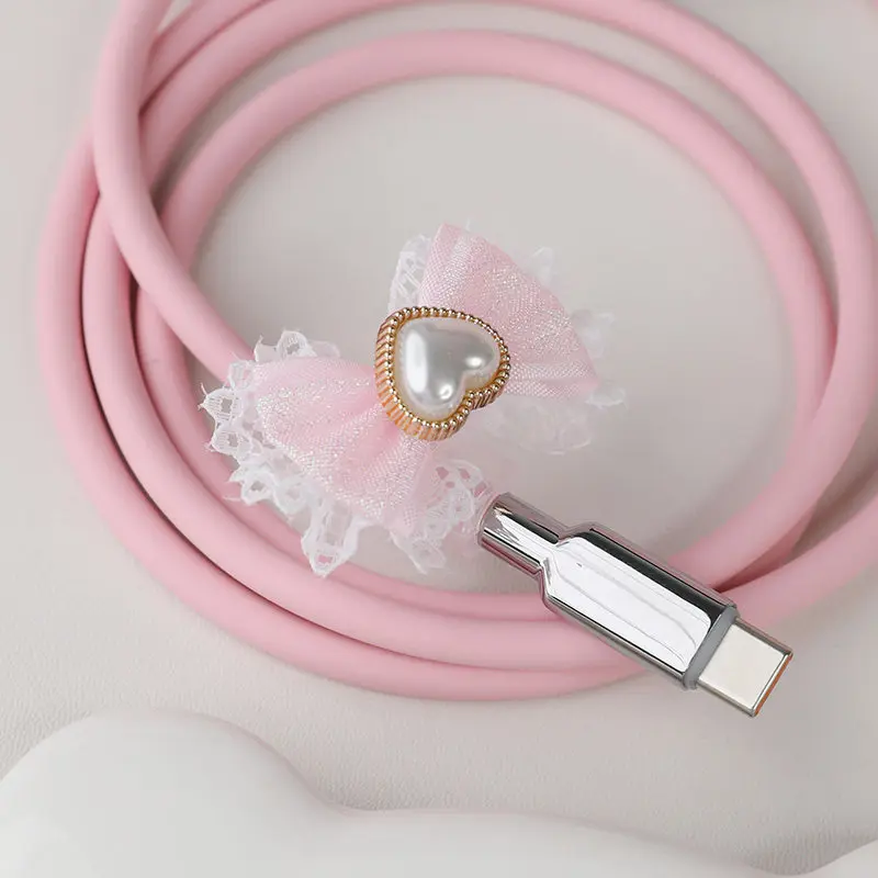 Pink Keyboard Cable Liquid Soft Silicone Gel T Cable Lace Bow  Luminous Mechanical Keyboard Cable 120w Decoration Accessories