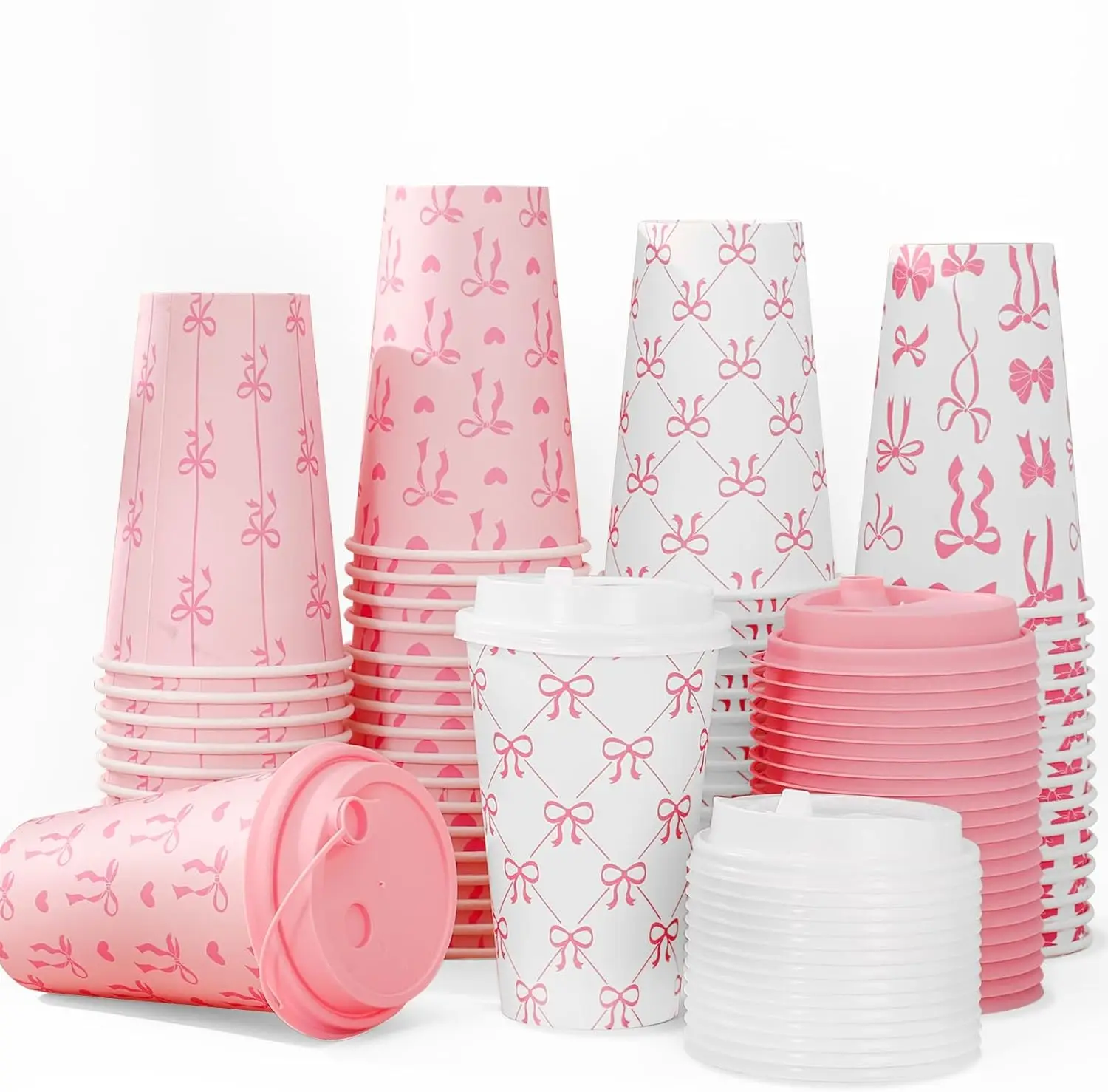 

100Pcs Pink Bow Paper Cups with Lids 16oz Bowknot Heart Disposable Cups Cute Coquette Drinking Cup for Hold Cold Drinks