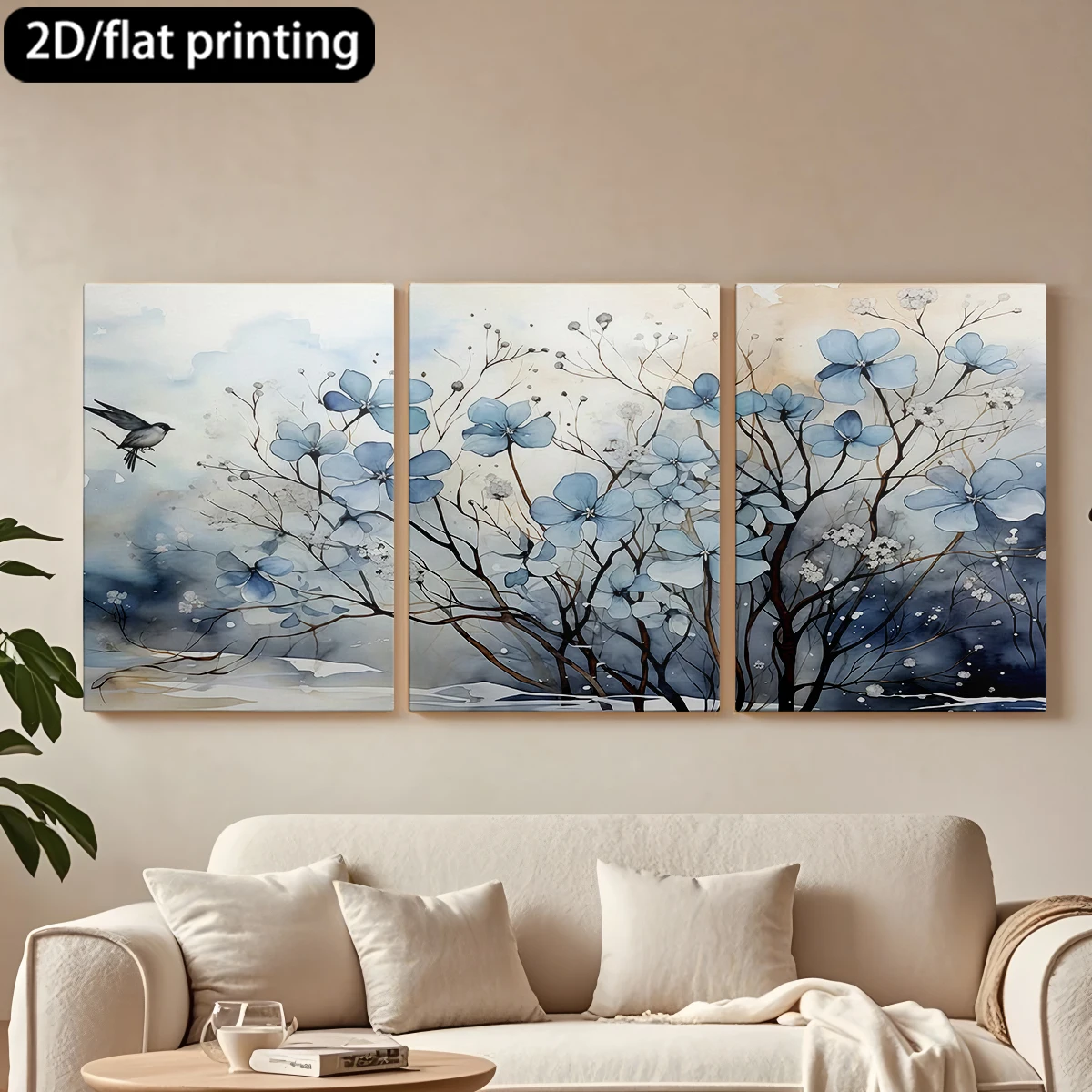 

Декоративная картина на холсте в деревянной раме, 3 шт., акварель, синие цветы, летящая птица. Декор для коридора, гостиной.
