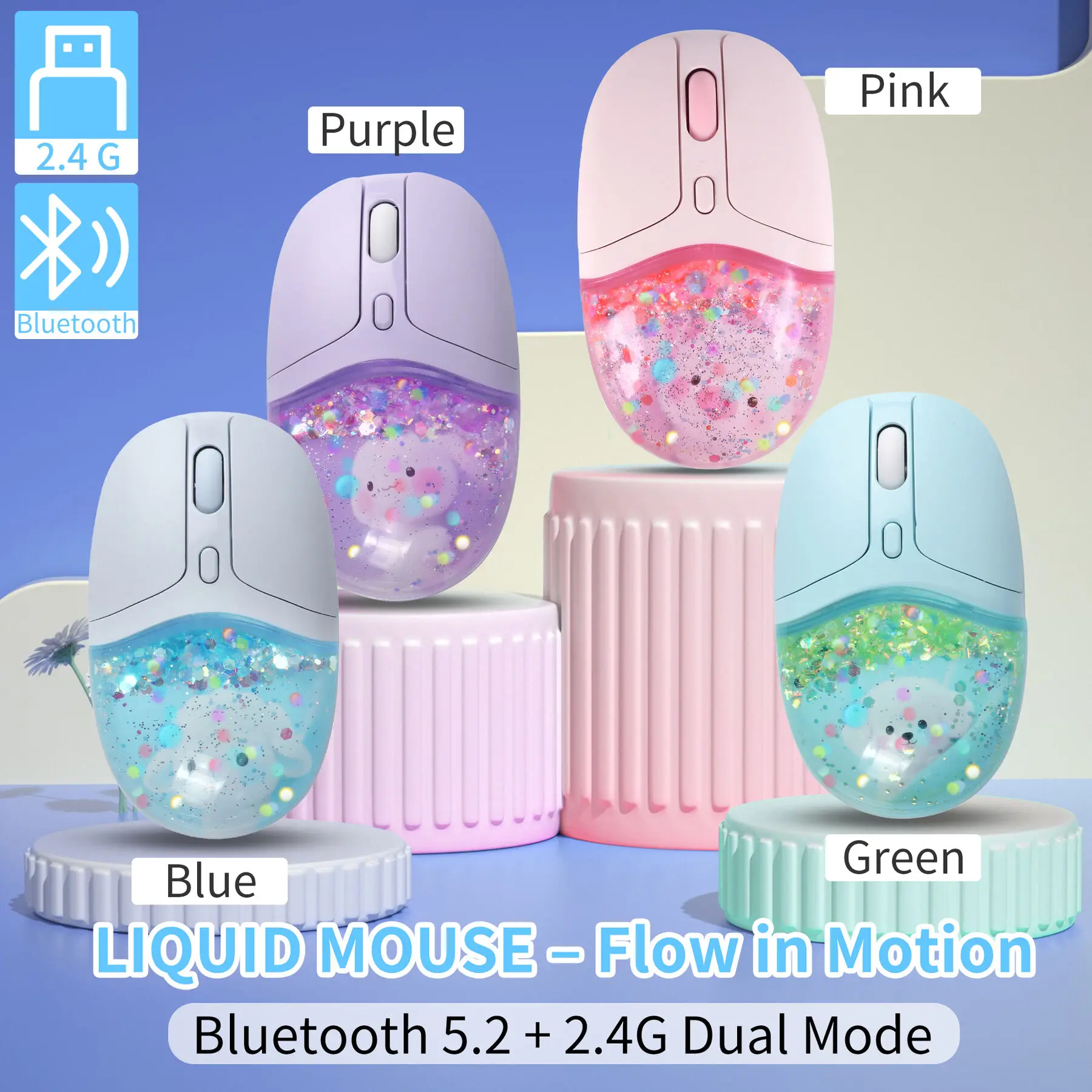 

Cute Mute Bluetooth Liquid Mouse Dual-Mode Rechargeable Creative Flowing Sand 2.4G+Bluetooth Wireless Optical Mouse For Laptop