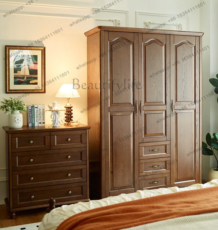 American French Vintage Solid Wood Three-Door with Drawer Swing Door All Solid Wood Storage Large Wardrobe