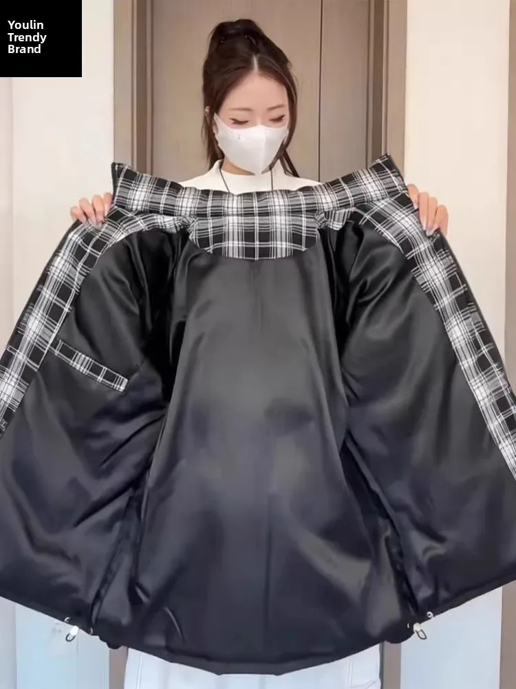 Amerikanischer Retro-Damen-Baumwollmantel Winter Karierter Stehkragen-Mantel Cleanfit Baumwoll-Oberbekleidung