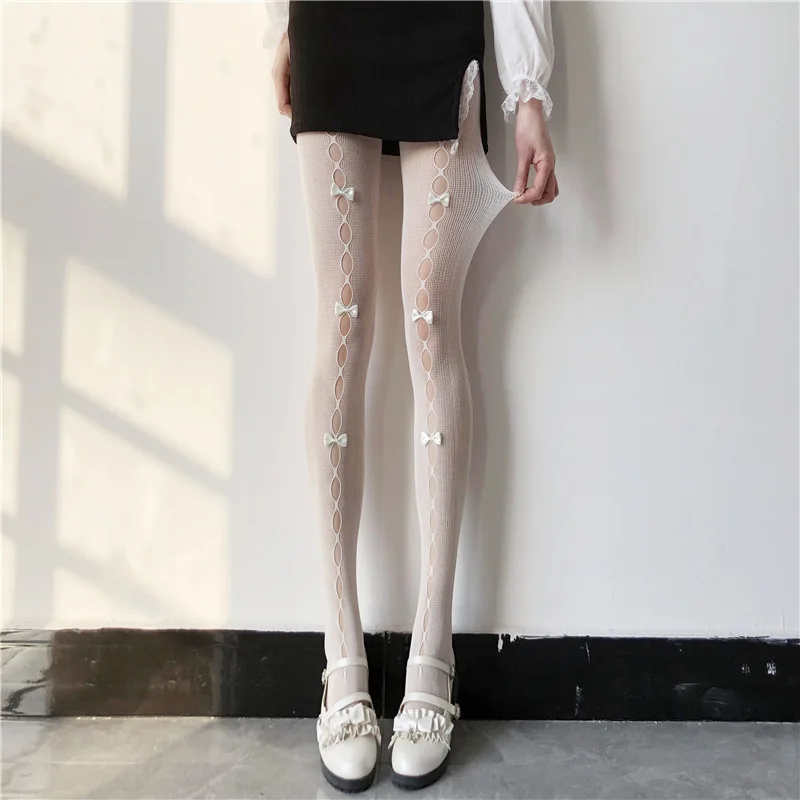 Lolita Cosplay filles nœud papillon évider collants Sexy mince Ins marée dentelle collants Anime chaussettes noir blanc résille soie bas