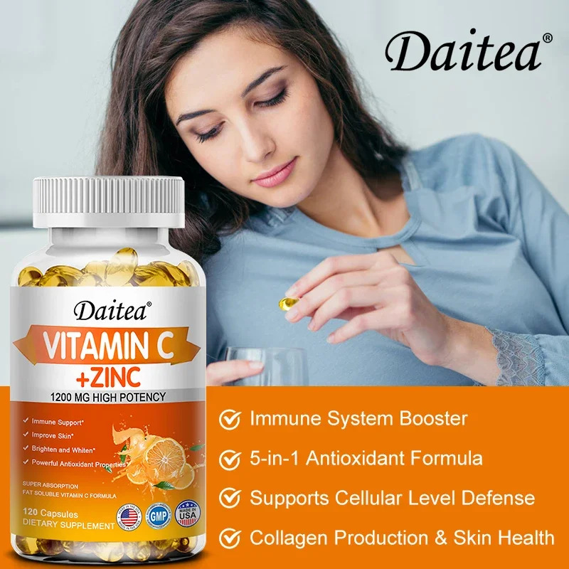 Daitea Vitamin C + Zinc - 1200 Mg Powerful Antioxidant That Supports Cellular Energy Production, Immune System and Improves Skin