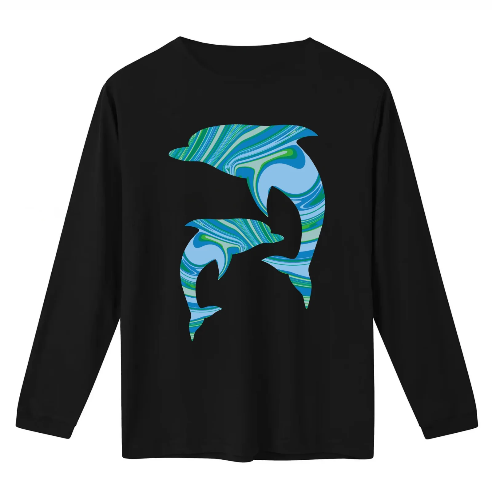 #1 Dolphins - Fun Blue and Green Tie Dye Animal Silhouette Pattern T-Shirt Summer Casual Cotton Tee Oversized Streetwear Tops