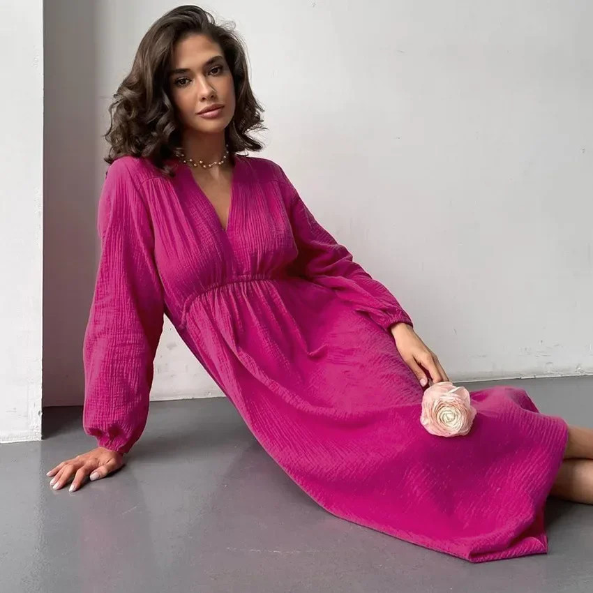 Women Lounge Dress V Neck Full Sleeve Elastic Waist Midi Dresses A Line Casual Loose Fit Autumn 2023 Ladies Nightgowns