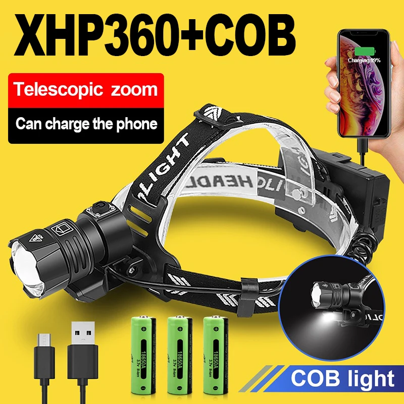 XHP360 High Power LED Headlamp USB Rechargeable Head lantern Super Bright Powerful Headlight 18650 Waterproof Fishing Lantern