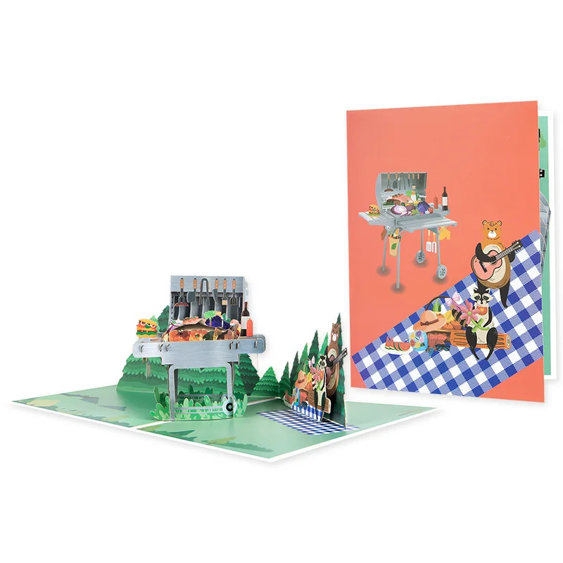 

2Pcs Creative New BBQ Camping Grill Vacation 3D Pop-Up Greeting Cards Handmade Gift Blessing Cards