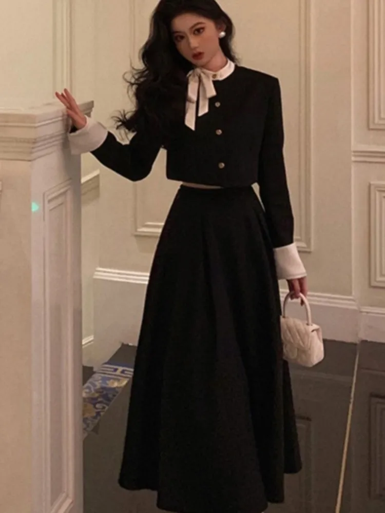 

Women Elegant and Chic Black Skirts Suit Korean Style Crop Tops and A-Line Skirts Two Pieces Set Female Party Clothes