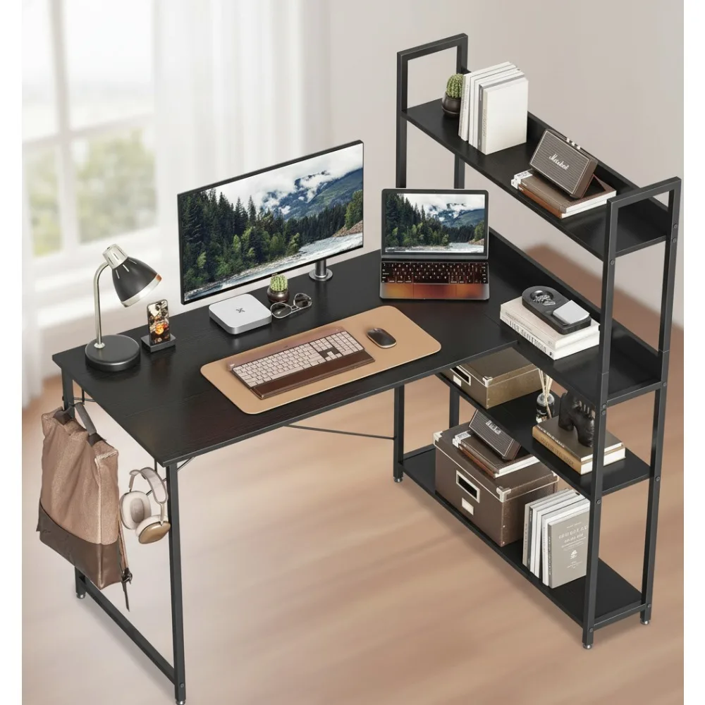 

47-дюймовый двусторонний L-образный компьютерный стол с полками для хранения, письменный стол для домашнего офиса, черный