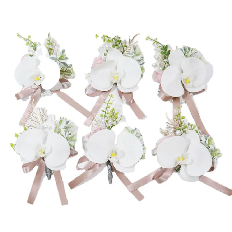 Boutonniereおよびリストコルサグ、ホワイトphalaenopsis orchid、ウェディング用品、ビジネスのお祝い、chestフラワーシミュレーション、450