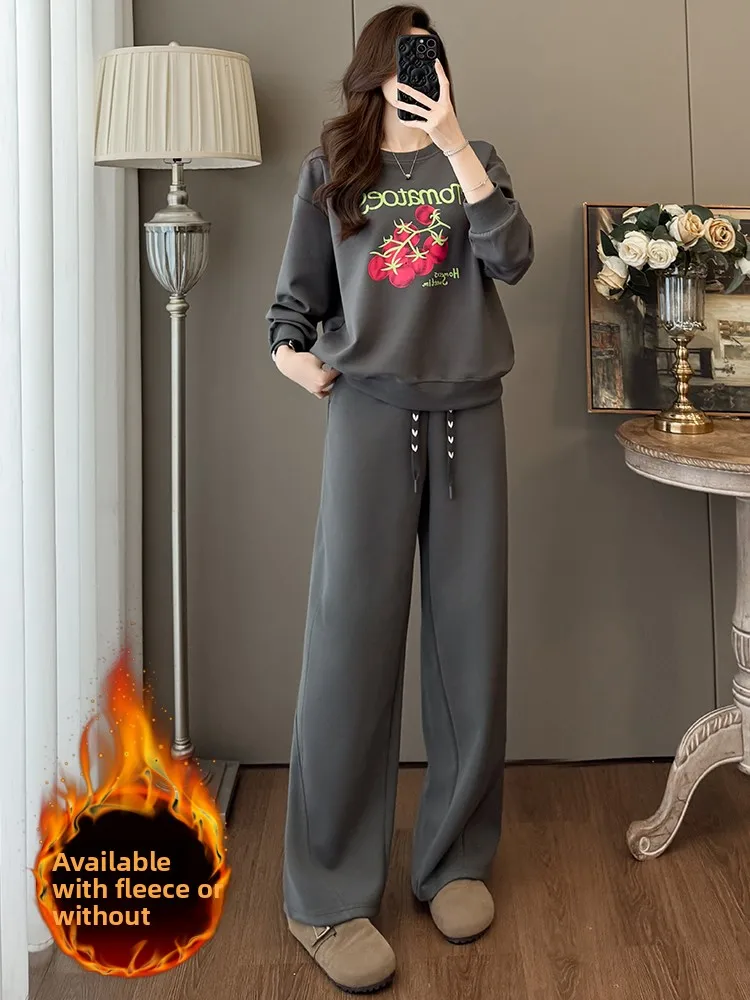 

2026 Winter Fashion Anti-Aging Casual Sports Set Women's Fleece-Lined Thickened High-End Sweatshirt Wide Leg Pants Two-Piece Set