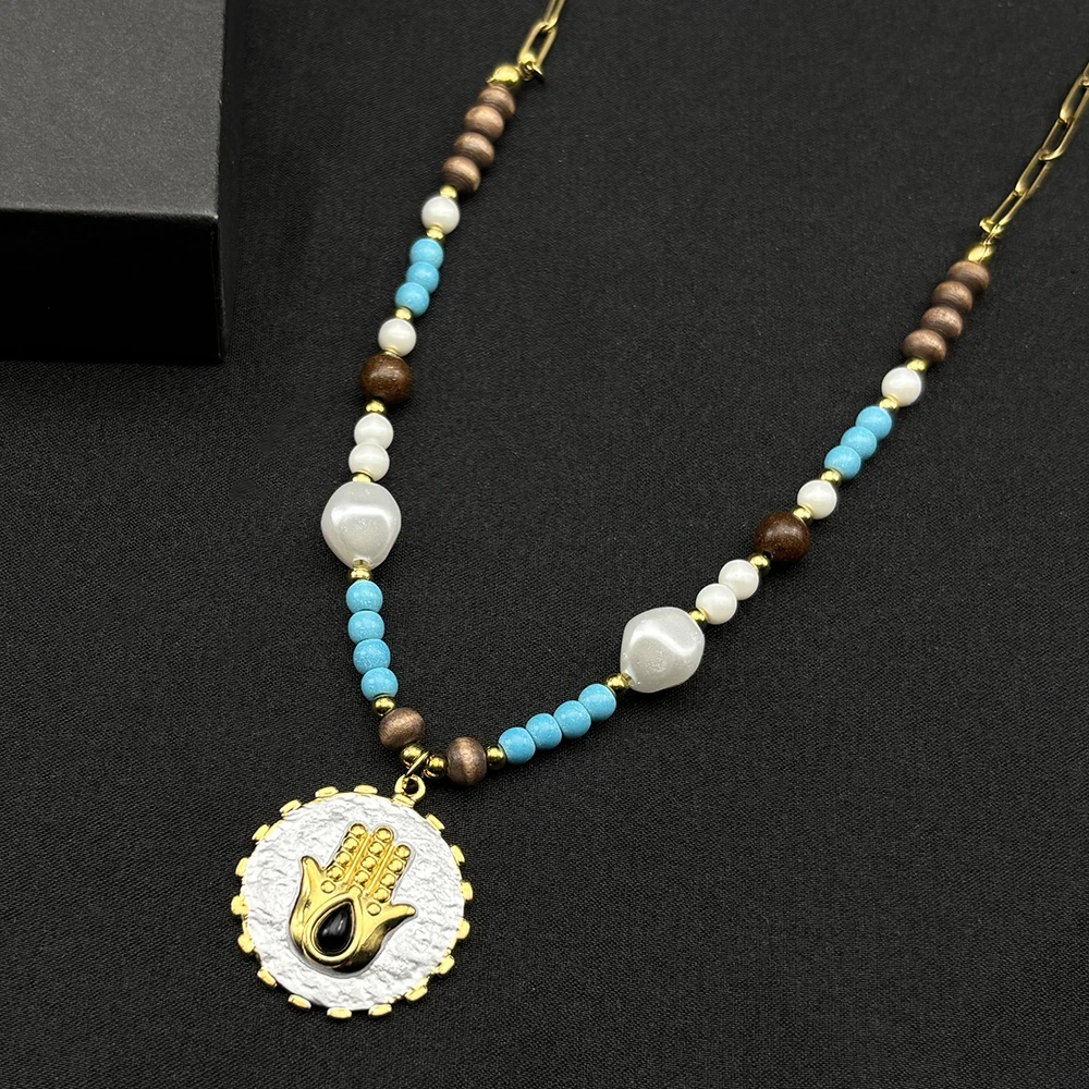 

Bohemian Natural Stone Beaded Hamsa Hand Pendant Necklace For Women Stainless Steel Choker Chain Aesthetic Boho Jewelry Gift